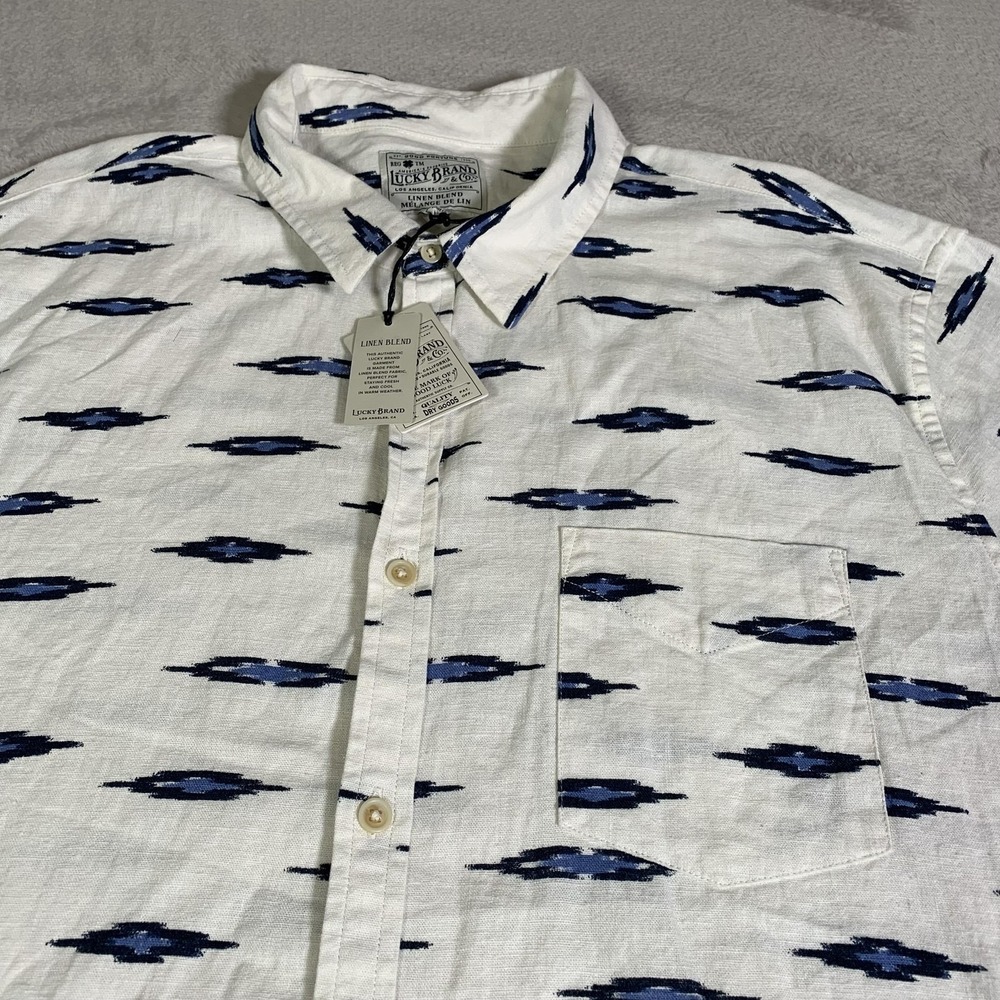 Lucky Brand Shirt Mens XL White Linen Viscose Blend Ikat Short Sleeve Button NEW